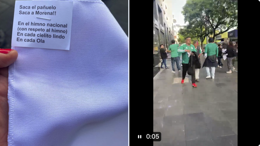 Reparten pañuelos blancos en el Zócalo de CDMX para pedir la salida de Morena durante la inauguración del Mundial 2026