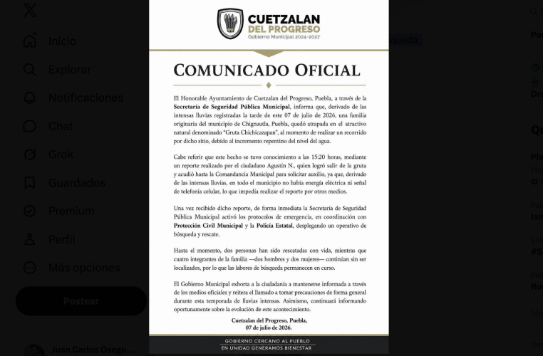 Tragedia en Cuetzalan: cuatro personas desaparecidas tras quedar atrapadas en una gruta por la crecida del agua